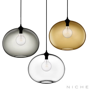 Niche Stamen Pendant in Ombra. A seemingly effortless transition from opaline to crystal clear glass. 